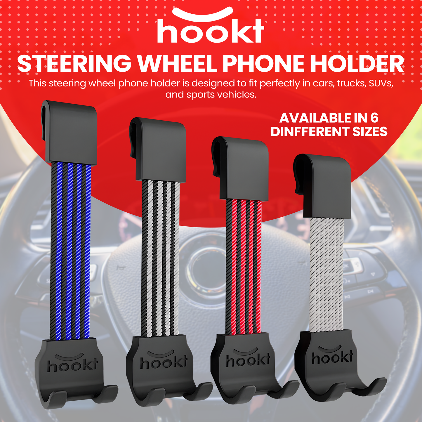 Hookt Universal Steering Wheel Phone Holder - 3.5 Inches | Flexible Hands-Free Mount for Cars, SUVs & Trucks (Gray & Black)