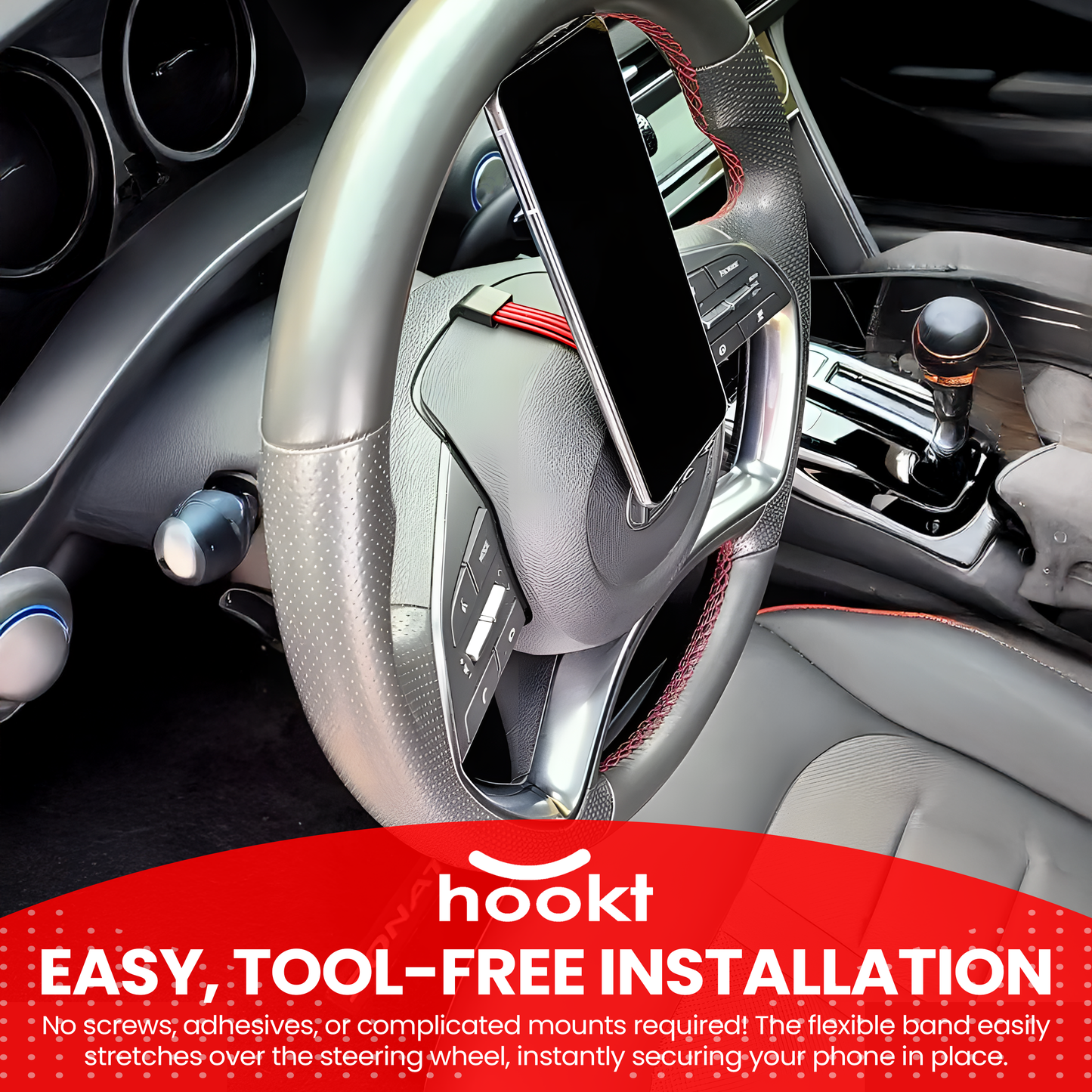 Hookt Universal Steering Wheel Phone Holder - 3.5 Inches | Flexible Hands-Free Mount for Cars, SUVs & Trucks (Gray & Black)