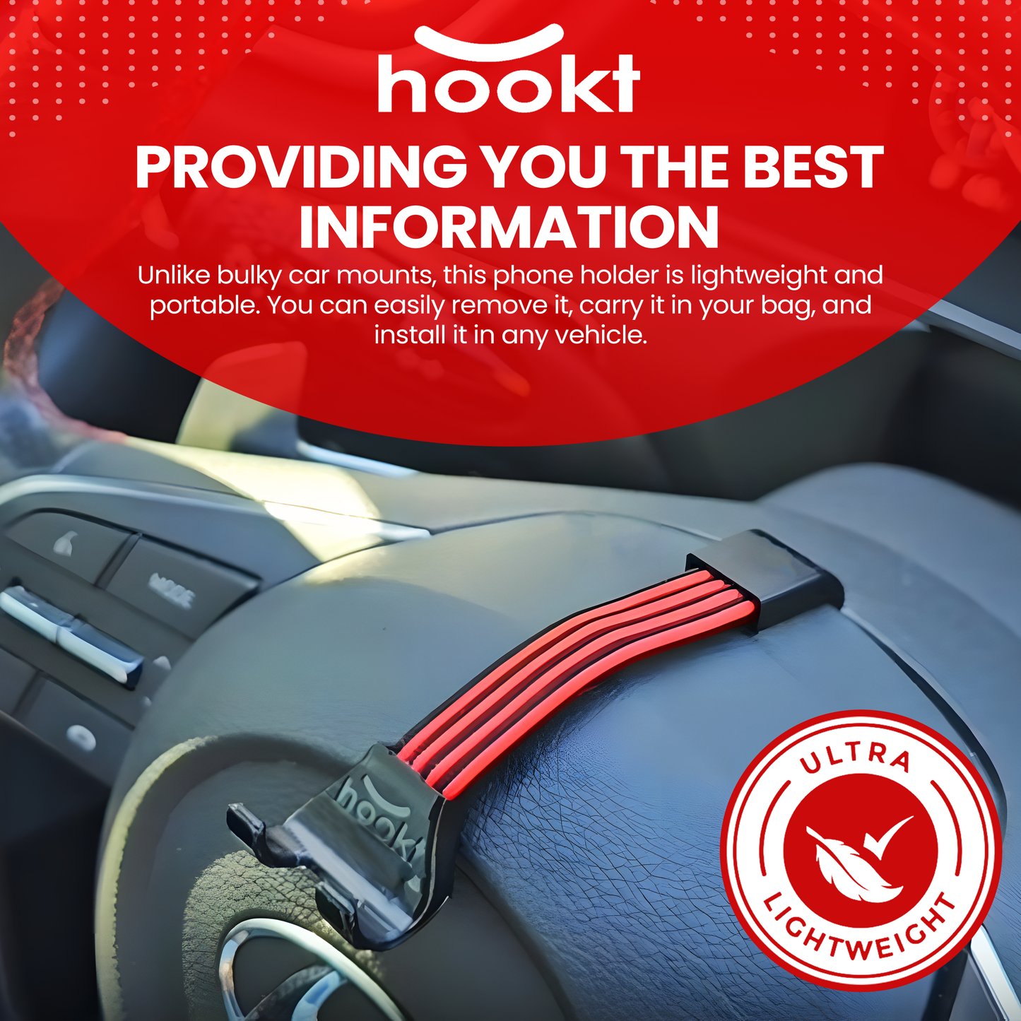 Hookt Universal Steering Wheel Phone Holder - 3.5 Inches | Flexible Hands-Free Mount for Cars, SUVs & Trucks (Gray & Black)