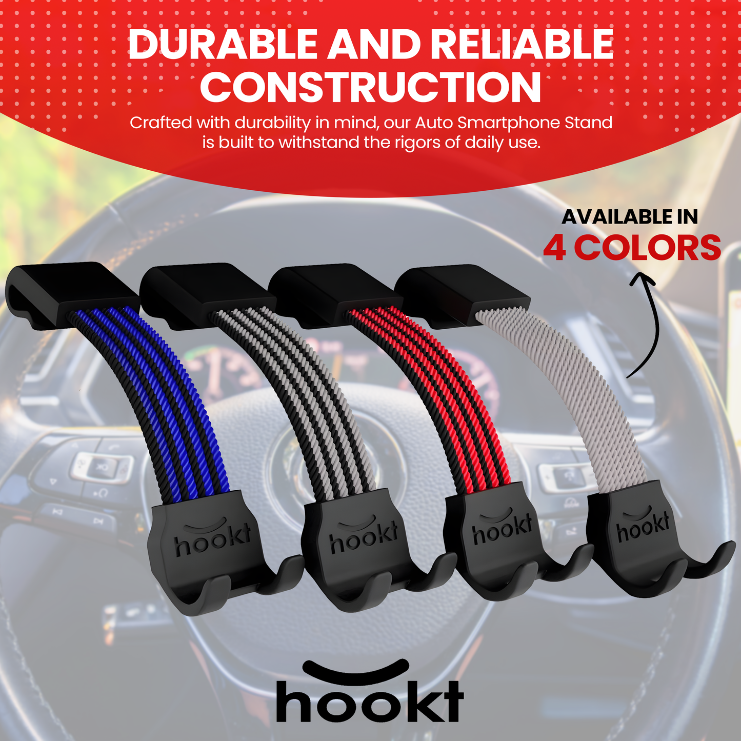 Hookt Universal Steering Wheel Phone Holder - 3.5 Inches | Flexible Hands-Free Mount for Cars, SUVs & Trucks (Gray & Black)