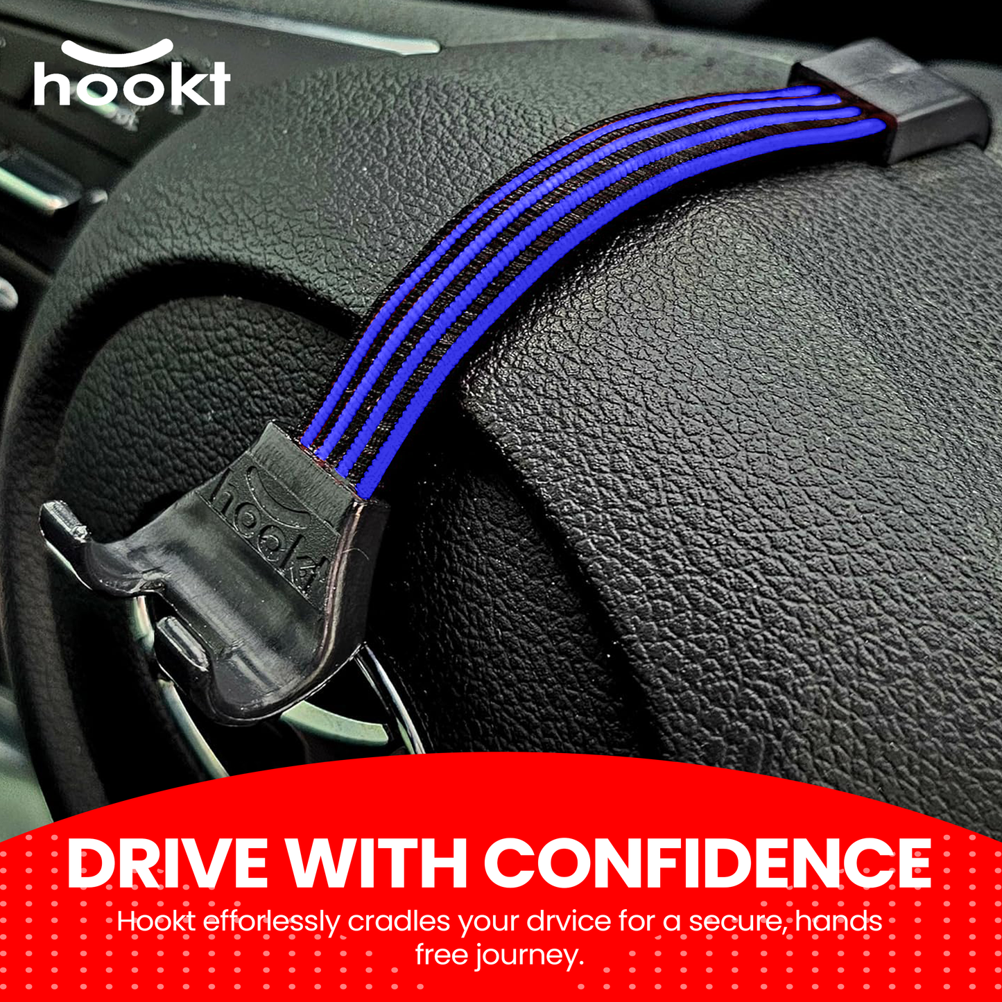 Hookt Universal Steering Wheel Phone Holder - 3.5 Inches | Flexible Hands-Free Mount for Cars, SUVs & Trucks (Gray & Black)