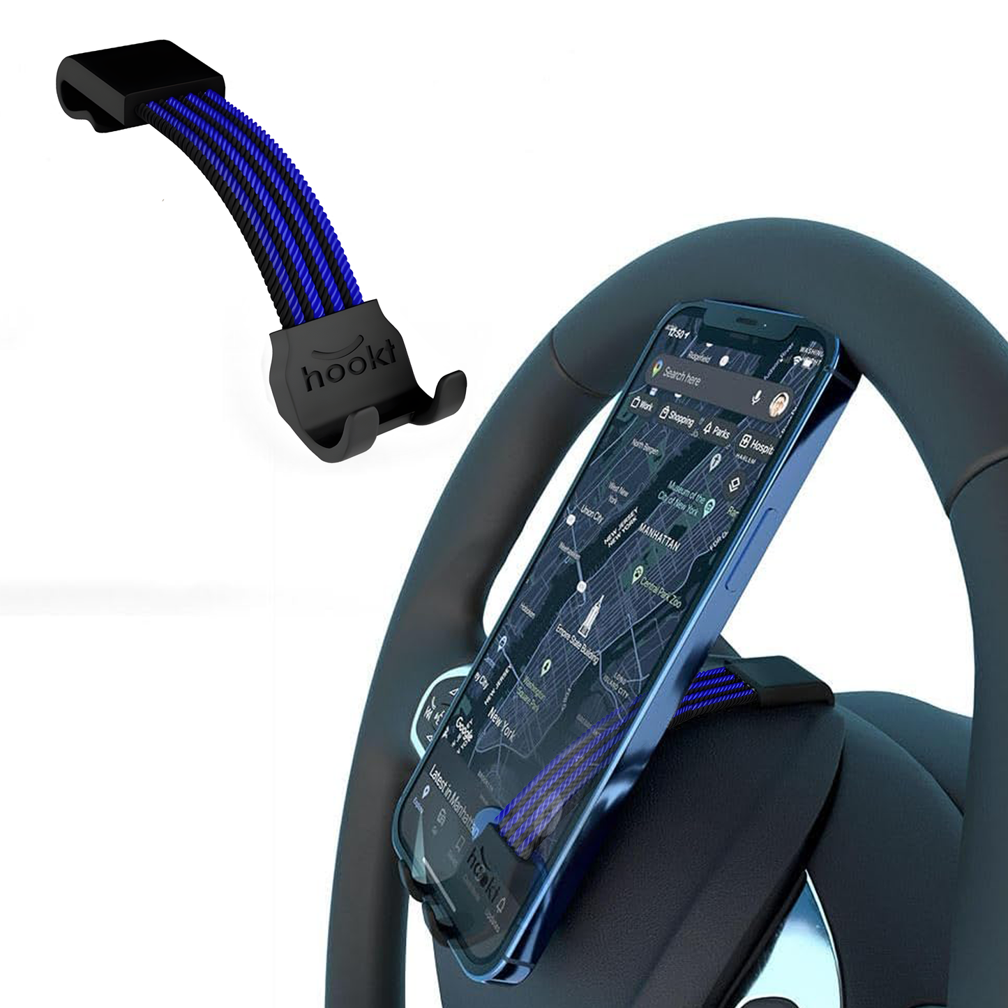 Hookt Universal Steering Wheel Phone Holder - 4.5 Inches | Flexible Hands-Free Mount for Cars, SUVs & Trucks (Blue & Black)