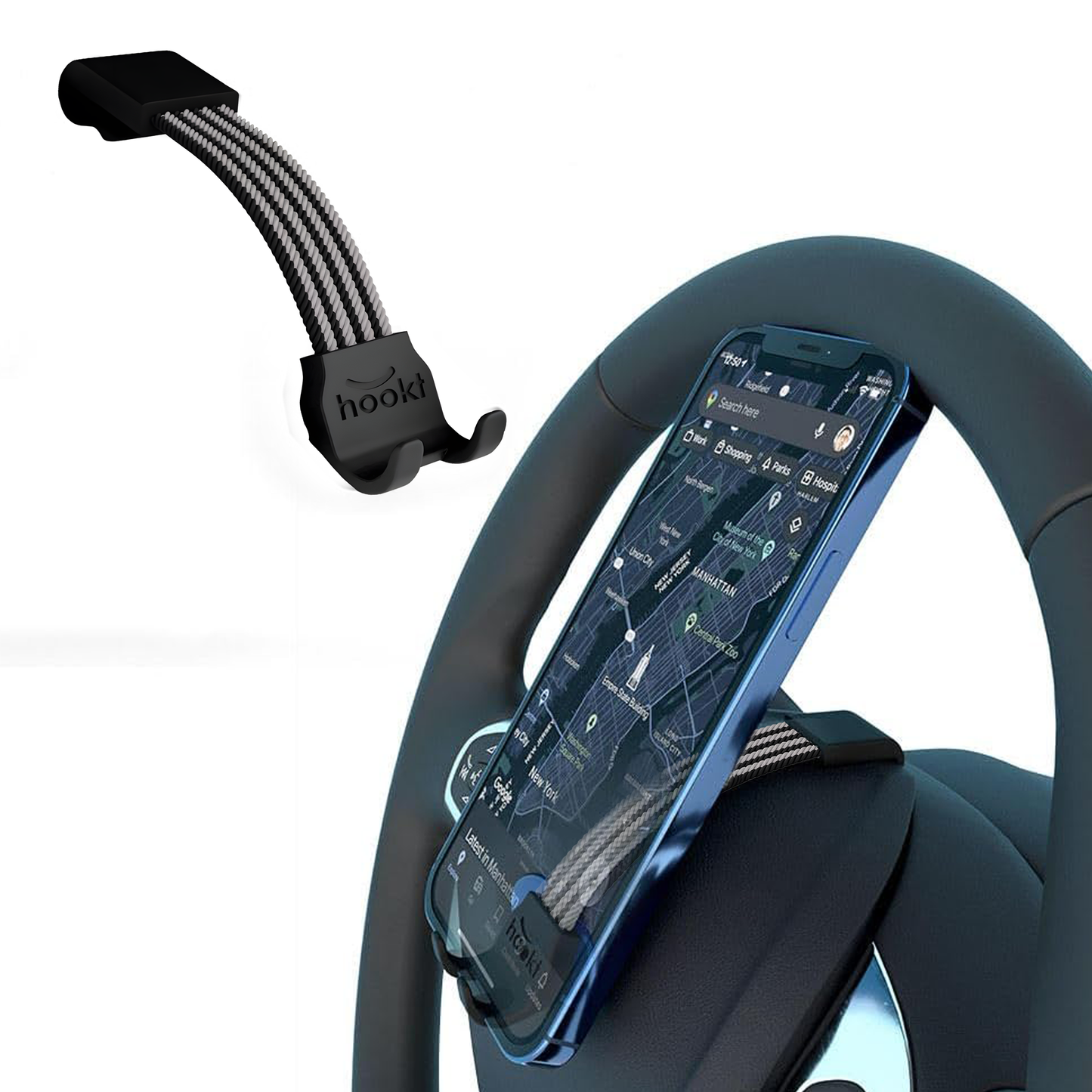 Hookt Universal Steering Wheel Phone Holder - 3.5 Inches | Flexible Hands-Free Mount for Cars, SUVs & Trucks (Gray & Black)