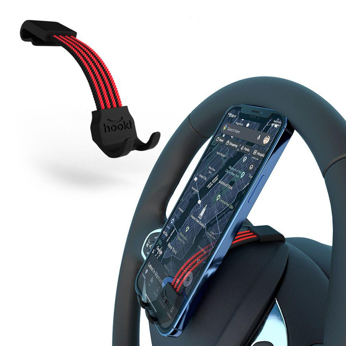 Hookt Universal Steering Wheel Phone Holder - 5.5 Inches | Flexible Hands-Free Mount for Cars, SUVs & Trucks (Red & Black)
